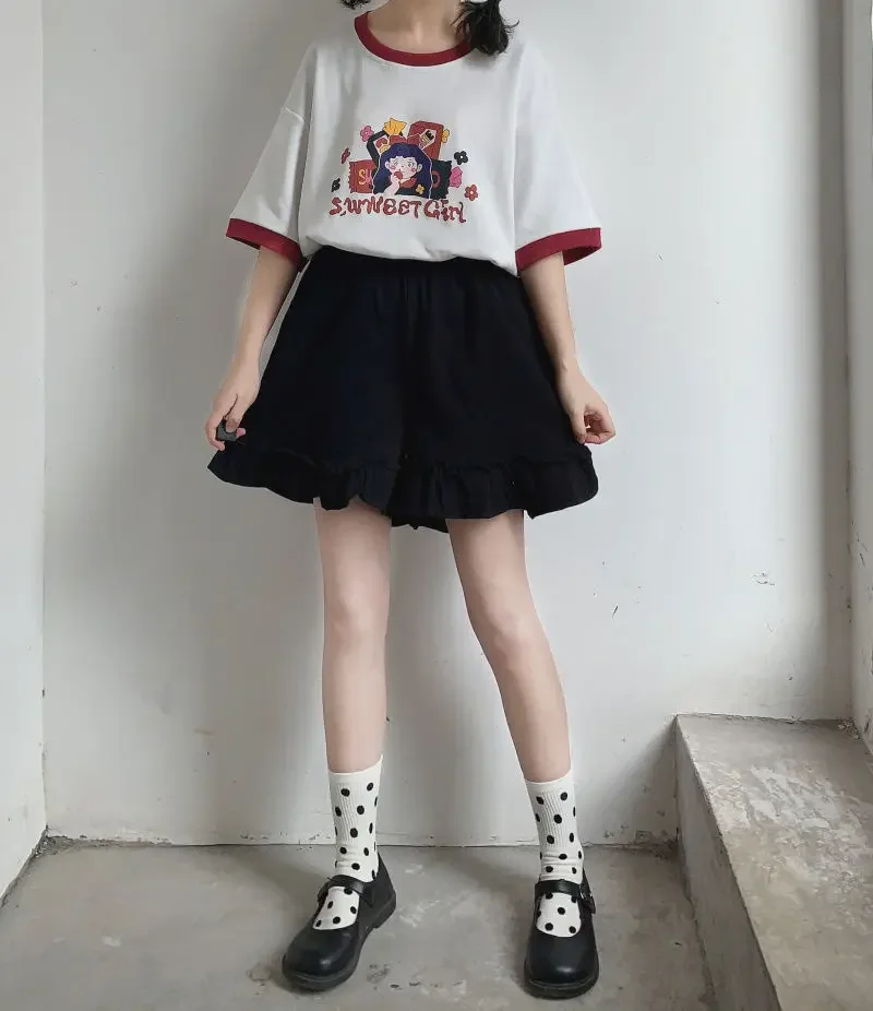 Women's Ruffled Wide Leg Pants Summer Sweet Y2k Aesthetic Shorts High Waist White Japanese Shorts Pantalones Cortos De Mujer