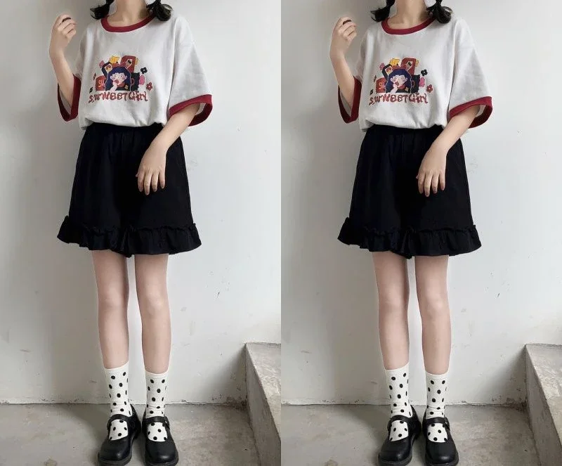 Women's Ruffled Wide Leg Pants Summer Sweet Y2k Aesthetic Shorts High Waist White Japanese Shorts Pantalones Cortos De Mujer