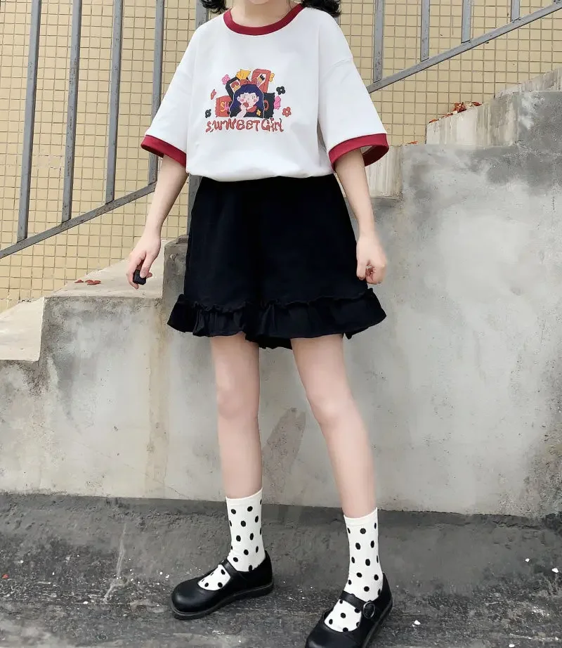 Women's Ruffled Wide Leg Pants Summer Sweet Y2k Aesthetic Shorts High Waist White Japanese Shorts Pantalones Cortos De Mujer
