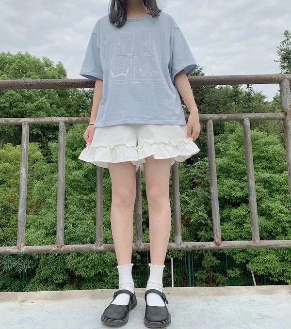 Women's Ruffled Wide Leg Pants Summer Sweet Y2k Aesthetic Shorts High Waist White Japanese Shorts Pantalones Cortos De Mujer