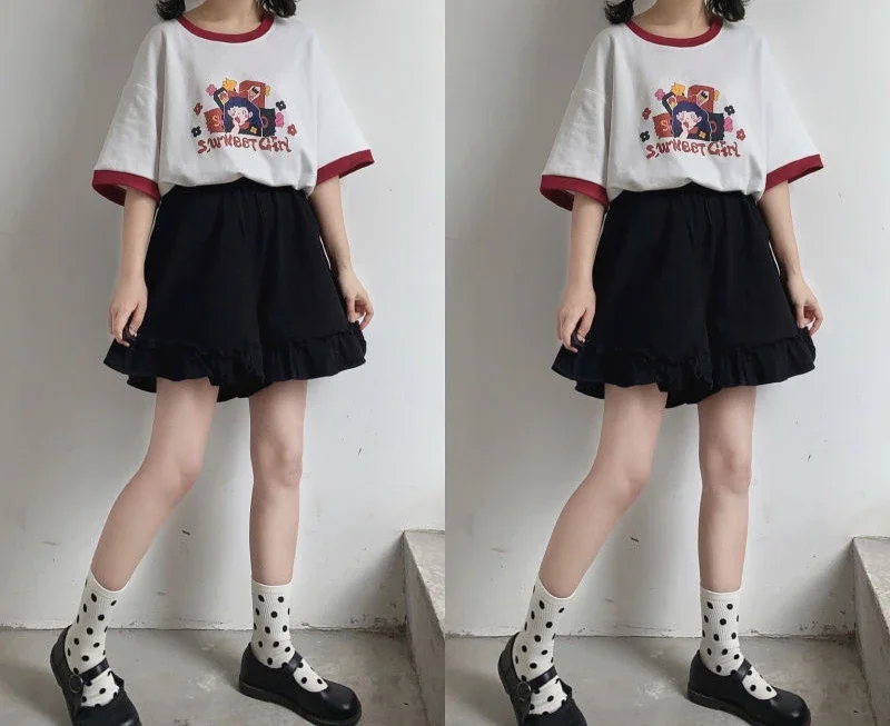 Women's Ruffled Wide Leg Pants Summer Sweet Y2k Aesthetic Shorts High Waist White Japanese Shorts Pantalones Cortos De Mujer