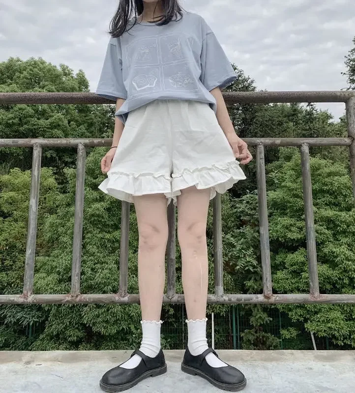 Women's Ruffled Wide Leg Pants Summer Sweet Y2k Aesthetic Shorts High Waist White Japanese Shorts Pantalones Cortos De Mujer