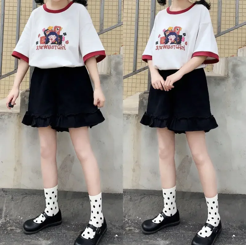 Women's Ruffled Wide Leg Pants Summer Sweet Y2k Aesthetic Shorts High Waist White Japanese Shorts Pantalones Cortos De Mujer
