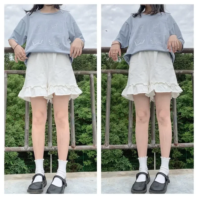 Women's Ruffled Wide Leg Pants Summer Sweet Y2k Aesthetic Shorts High Waist White Japanese Shorts Pantalones Cortos De Mujer
