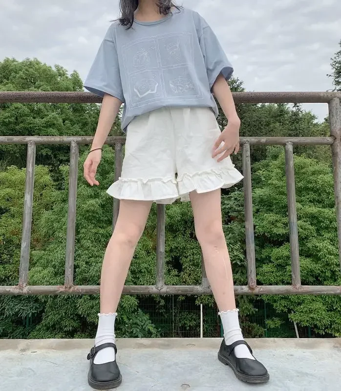 Women's Ruffled Wide Leg Pants Summer Sweet Y2k Aesthetic Shorts High Waist White Japanese Shorts Pantalones Cortos De Mujer