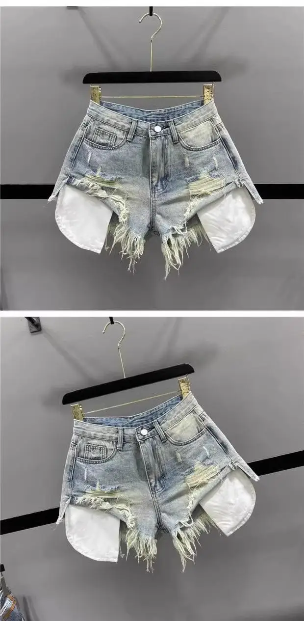 Korean Vintage Blue Sexy Ripped Jeans for Women Patchwork A-line High-waisted Denim Ultra Shorts