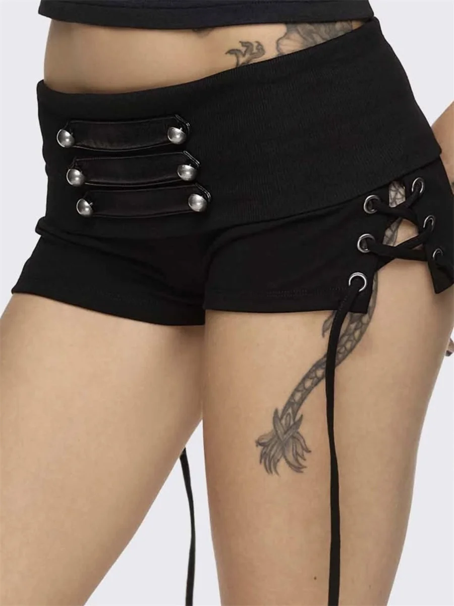 Nibber Patchwork Shirring Short Women High Street Hottie Trend Rivet Metal Hollow Skinny Sexy Hottie Midnight Club Party Outfits