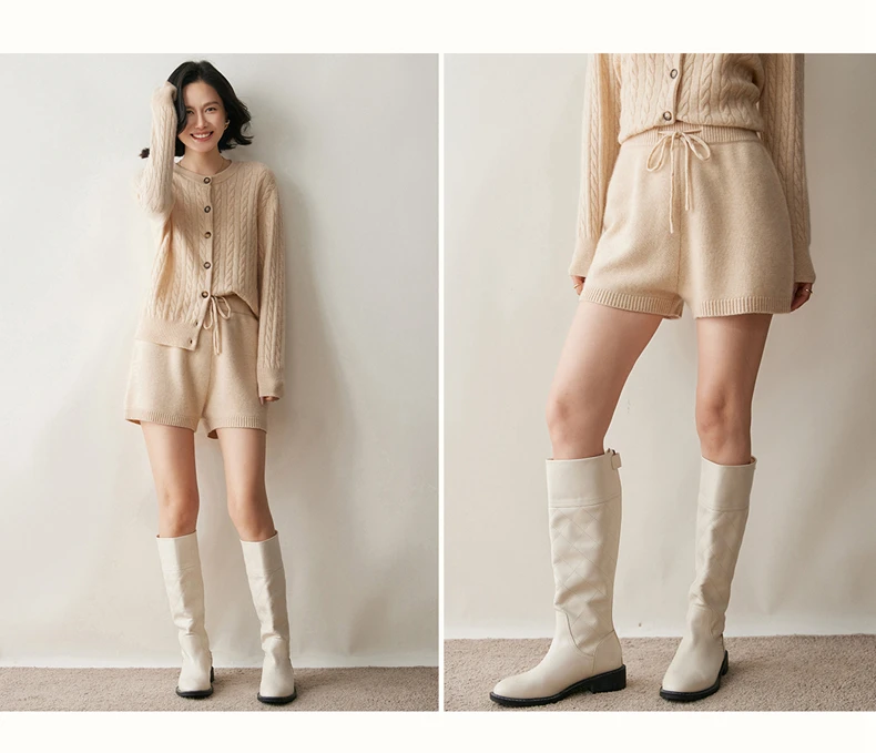 2025Autumn Winter Women 100% Cashmere Short Trousers Soft Comfortable High-Waist Knitted Pants Lady Cashmere Thicken Solid Short