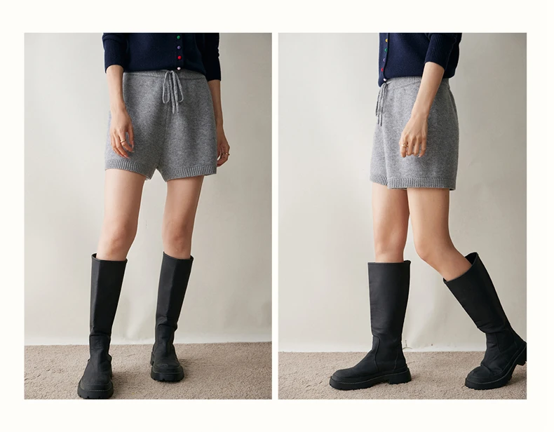 2025Autumn Winter Women 100% Cashmere Short Trousers Soft Comfortable High-Waist Knitted Pants Lady Cashmere Thicken Solid Short