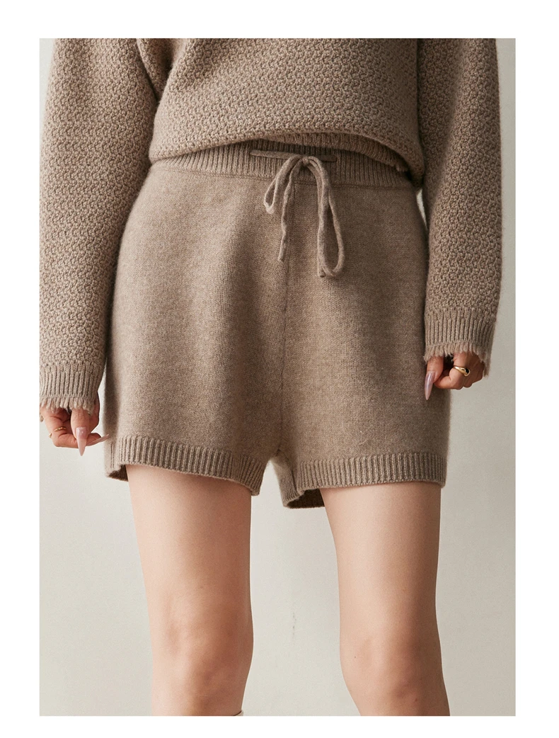 2025Autumn Winter Women 100% Cashmere Short Trousers Soft Comfortable High-Waist Knitted Pants Lady Cashmere Thicken Solid Short