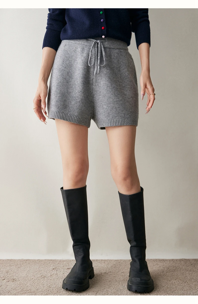 2025Autumn Winter Women 100% Cashmere Short Trousers Soft Comfortable High-Waist Knitted Pants Lady Cashmere Thicken Solid Short