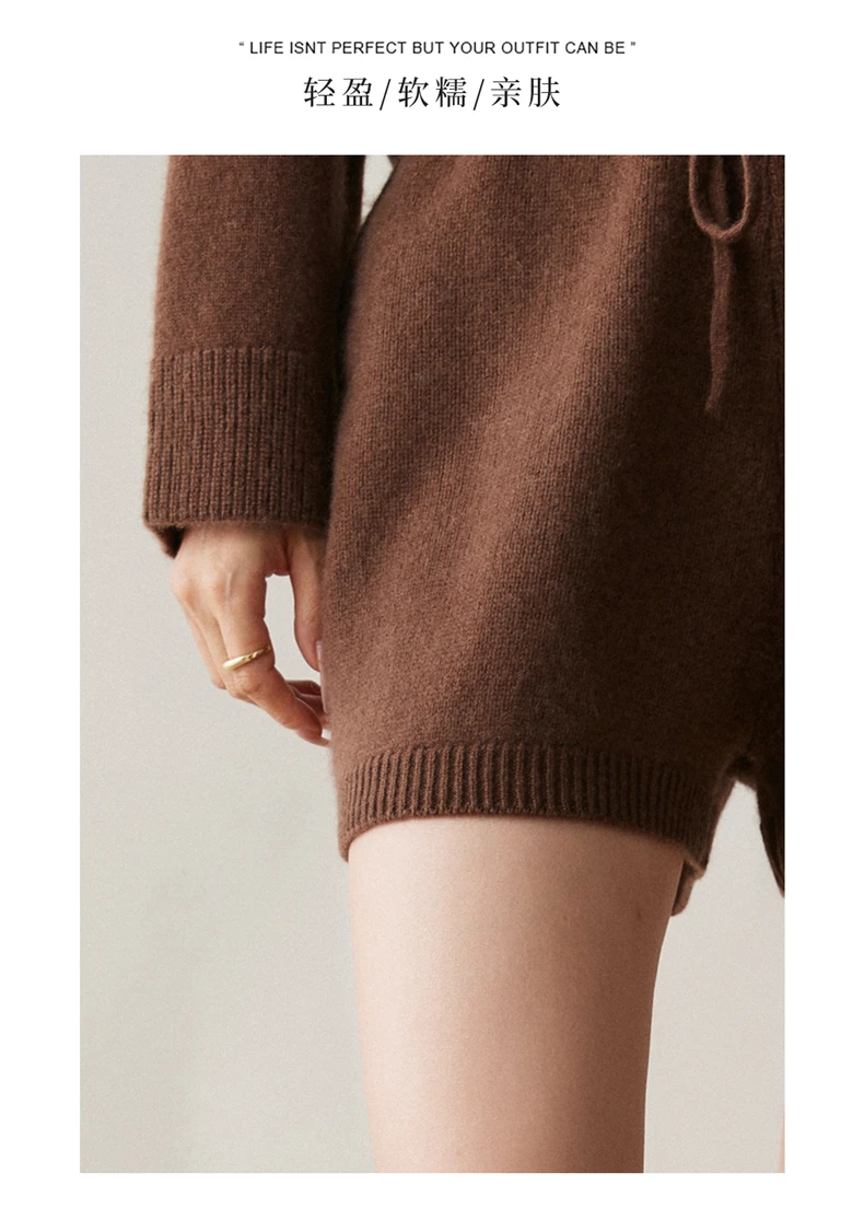 2025Autumn Winter Women 100% Cashmere Short Trousers Soft Comfortable High-Waist Knitted Pants Lady Cashmere Thicken Solid Short