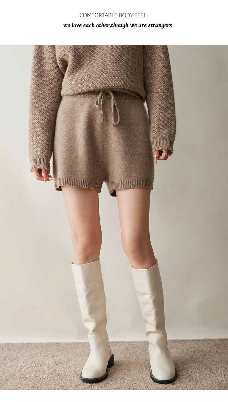 2025Autumn Winter Women 100% Cashmere Short Trousers Soft Comfortable High-Waist Knitted Pants Lady Cashmere Thicken Solid Short