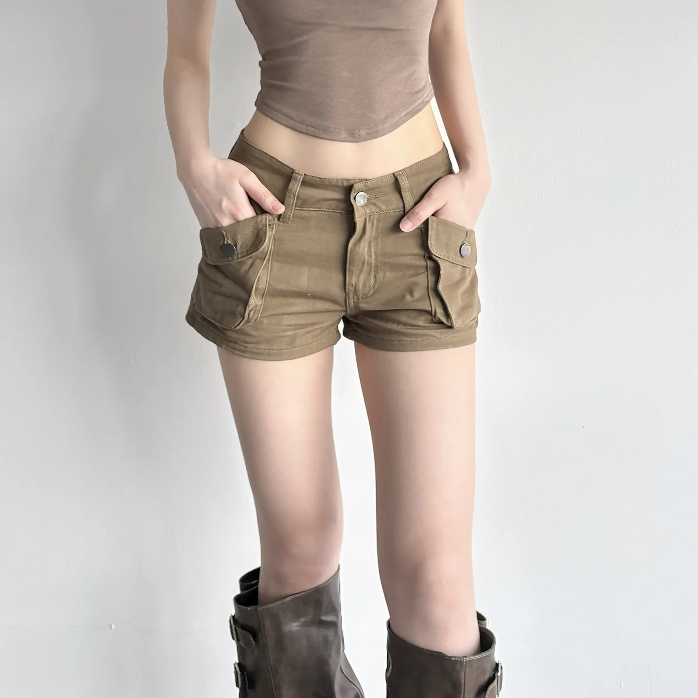 Retro Street Style Pocket Splicing Jeans Women's 2026 Summer Khaki Low-rise Tooling Shorts