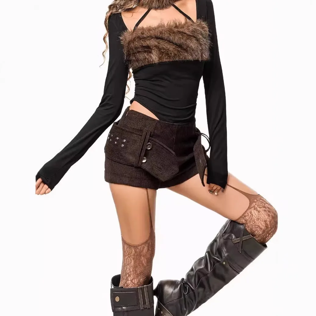 Women's Corduroy Shorts with Big Belt Low Waist Button Casual Vintage Spice Girls Hot Pants Booty Shorts