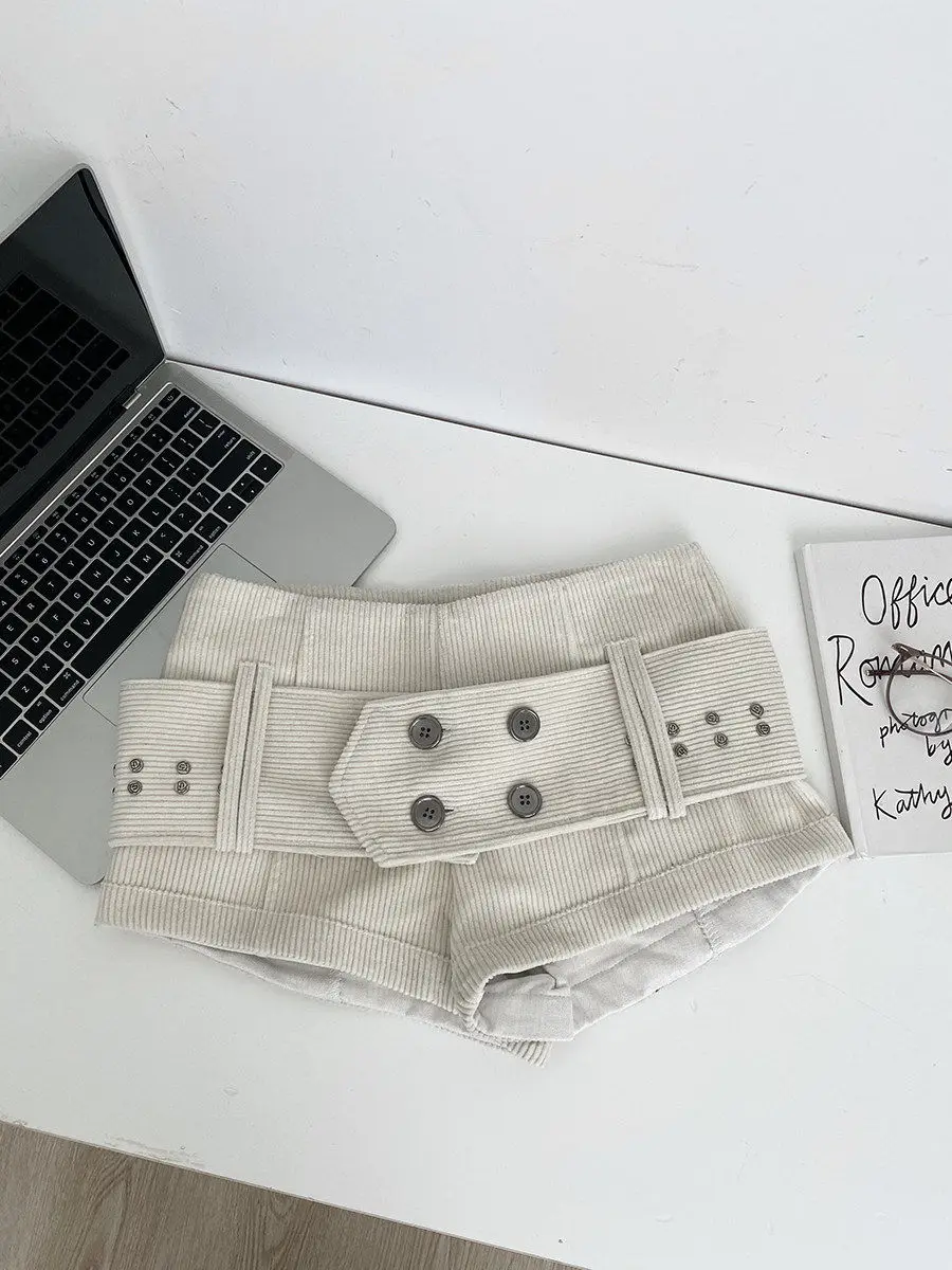 Women's Corduroy Shorts with Big Belt Low Waist Button Casual Vintage Spice Girls Hot Pants Booty Shorts