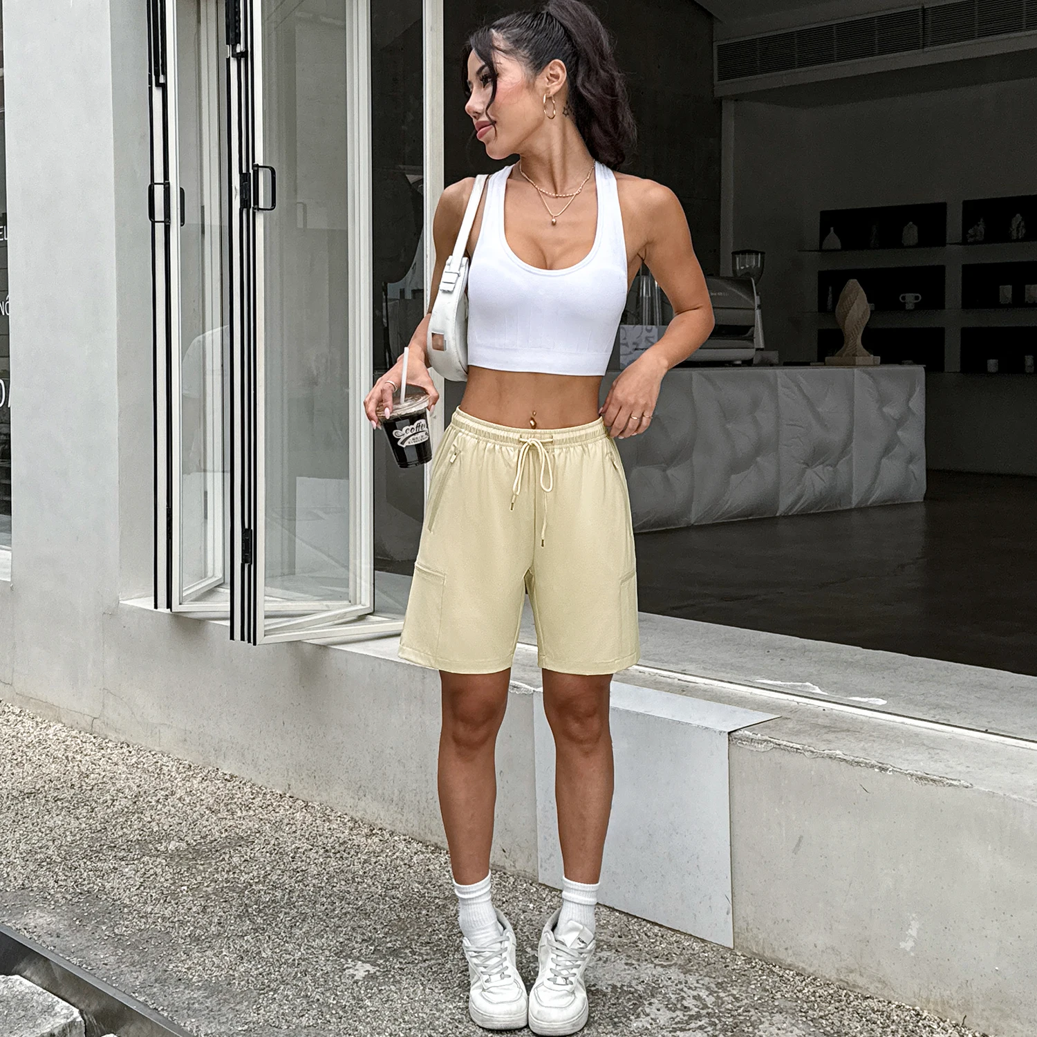 Women's Pocket Cargo Loose Casual Shorts For Summer Gym Workout Running Cycling,Quick Drying Drawstring Waist Sports Shorts
