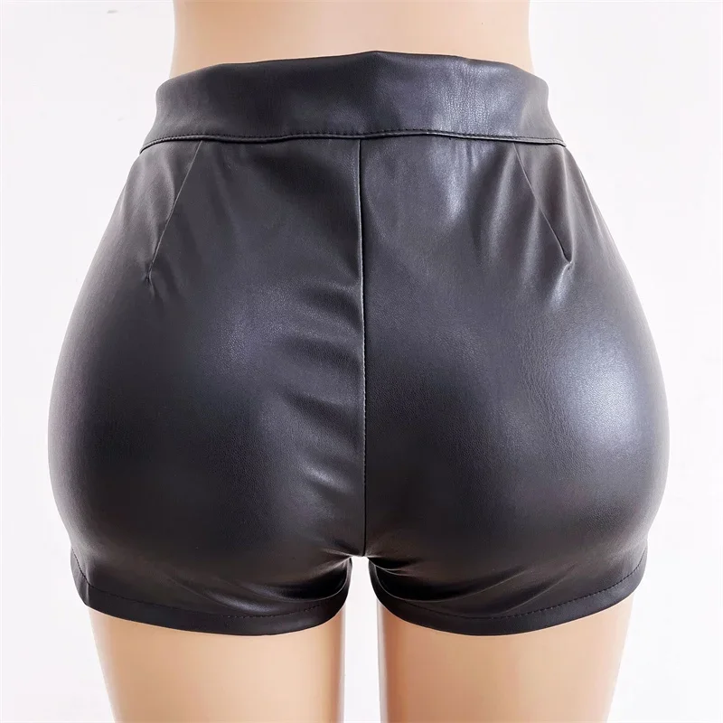 Sexy PU Leather Wrap Hip Shorts Women High Waist Button Splicing Three Quarter Pants Female Ultra-Short Trousers Motorbike Pant