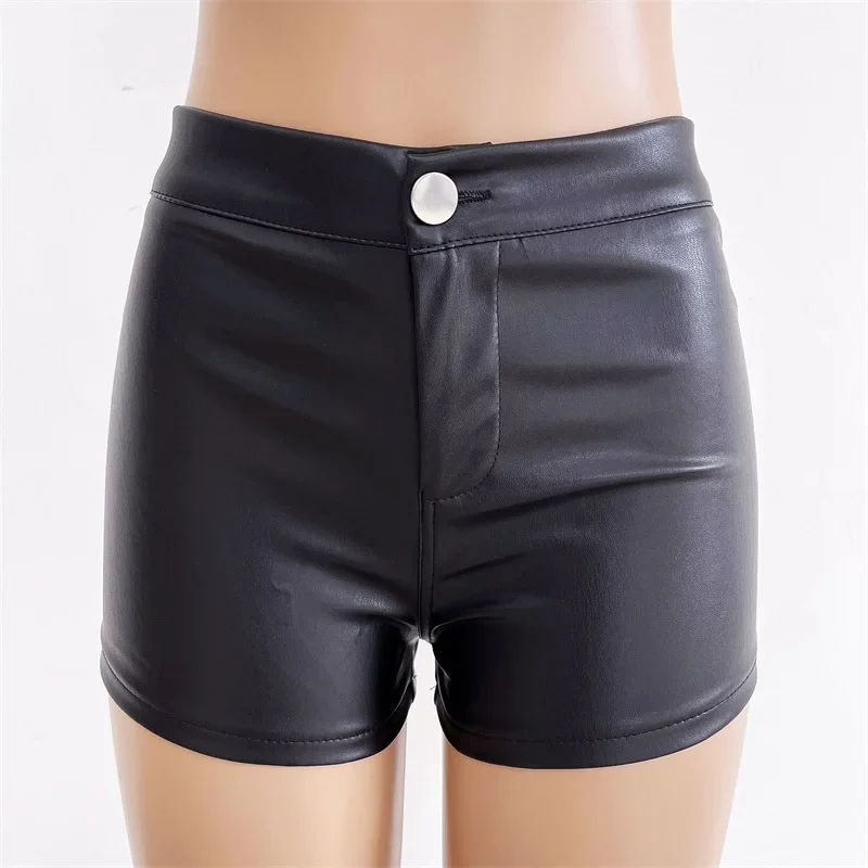 Sexy PU Leather Wrap Hip Shorts Women High Waist Button Splicing Three Quarter Pants Female Ultra-Short Trousers Motorbike Pant