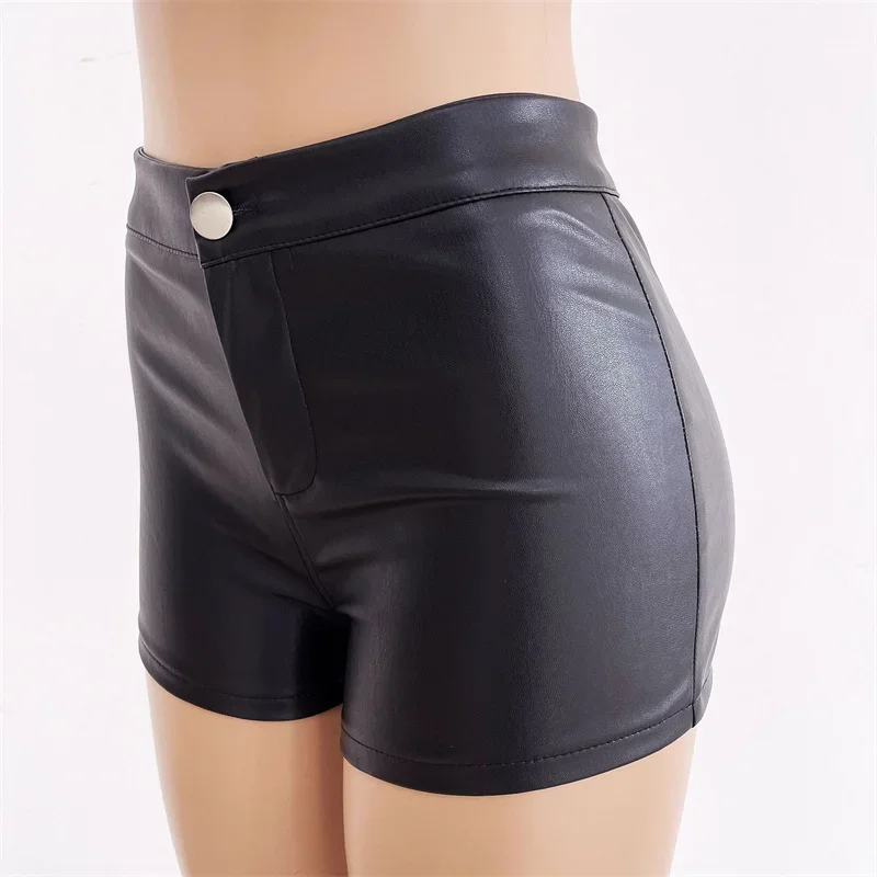 Sexy PU Leather Wrap Hip Shorts Women High Waist Button Splicing Three Quarter Pants Female Ultra-Short Trousers Motorbike Pant