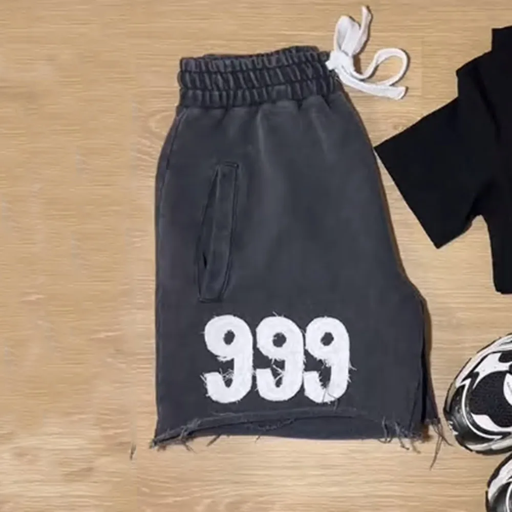 Trendy High Street Trend Loose Casual Personality999 Pattern Embroidery Elastic Waist Lace Up Sports five quarter Pants Men Wom