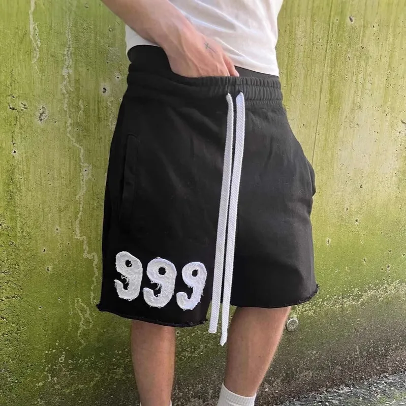 Trendy High Street Trend Loose Casual Personality999 Pattern Embroidery Elastic Waist Lace Up Sports five quarter Pants Men Wom