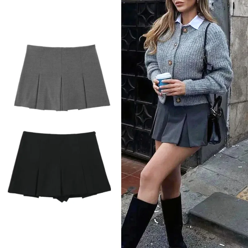 HXAO Pleats Skirt Shorts Summer Y2K Grey Skort For Women Black Mini Skirt Pants Woman Fashion Mid Waist Casual Shorts Skirt