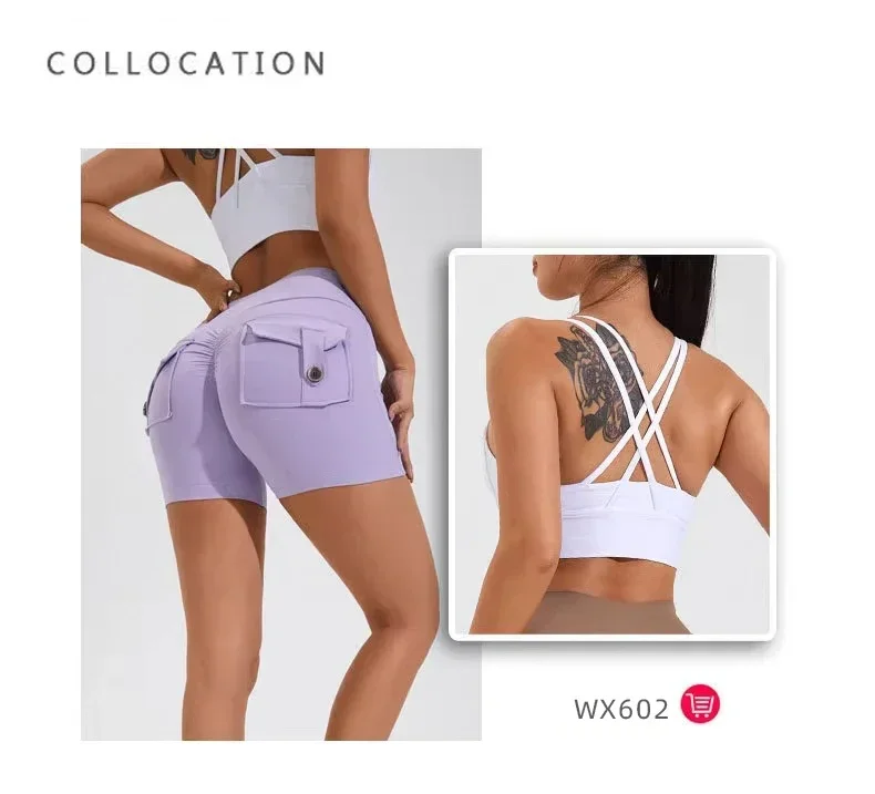 High Waist Peach Hip Seamless Fitness with Pockets Women's Tight Sports Running Training Dance Hip Women's Gym Shorts 🩳👍️