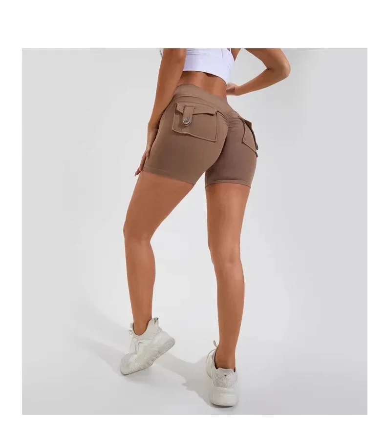 High Waist Peach Hip Seamless Fitness with Pockets Women's Tight Sports Running Training Dance Hip Women's Gym Shorts 🩳👍️