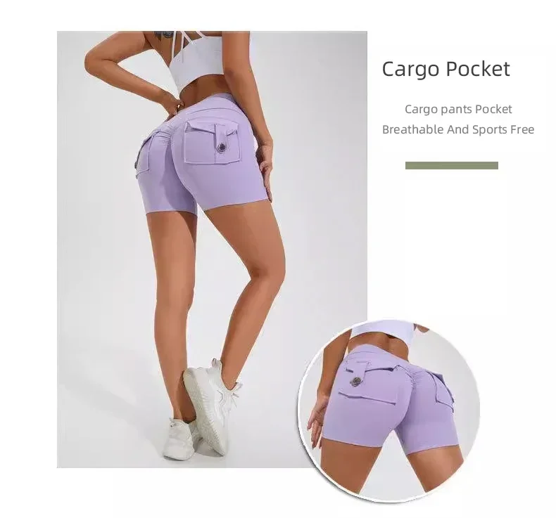High Waist Peach Hip Seamless Fitness with Pockets Women's Tight Sports Running Training Dance Hip Women's Gym Shorts 🩳👍️