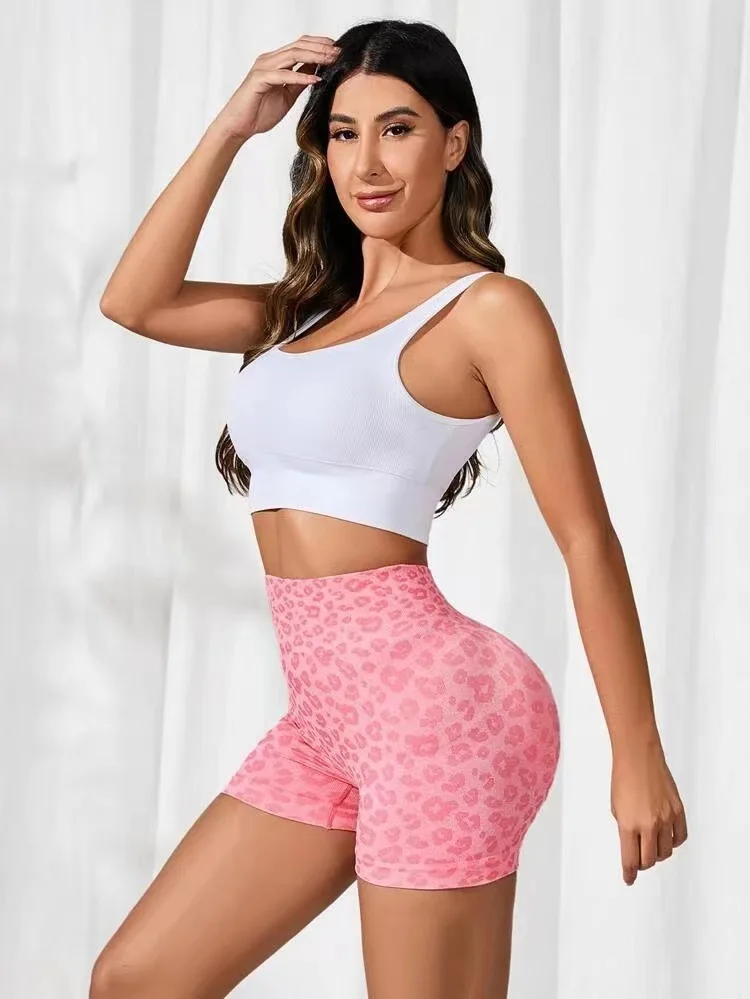 Women Leopard Print Shorts Slim Seamless Leggings High Waist Sexy Hip Liftting Knit Gym Running High Elastic Yoga Shorts