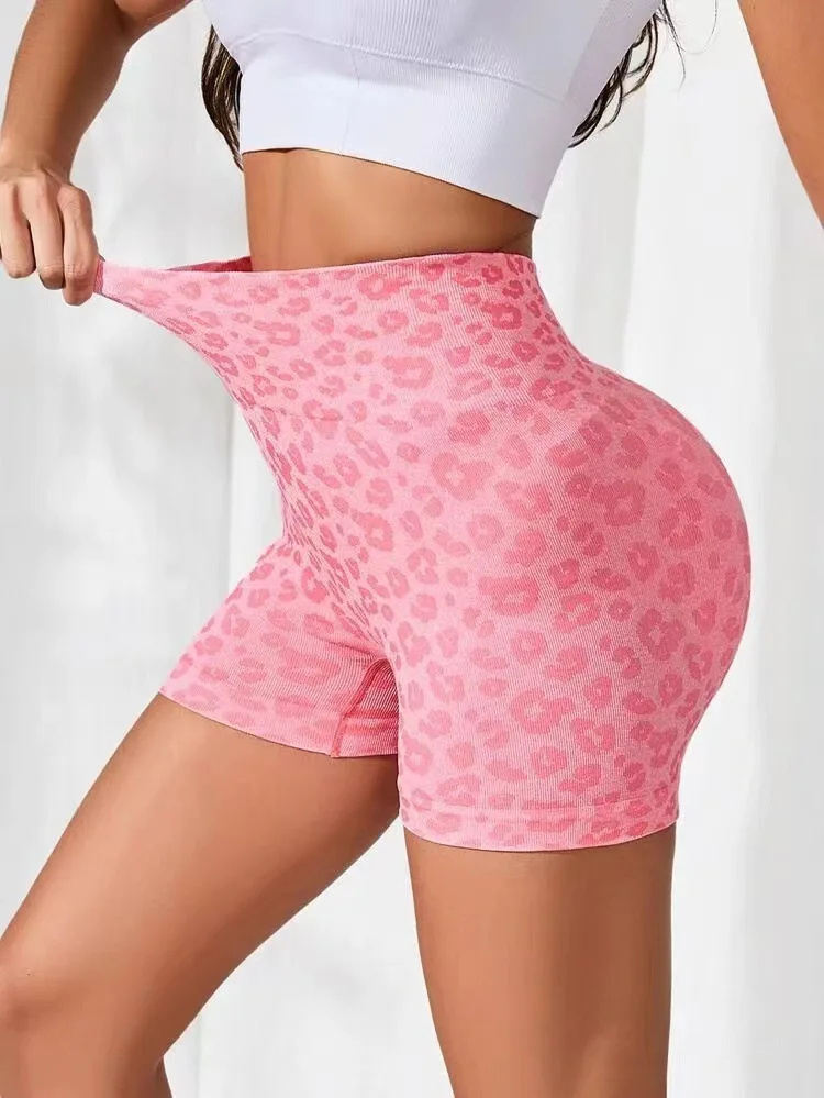 Women Leopard Print Shorts Slim Seamless Leggings High Waist Sexy Hip Liftting Knit Gym Running High Elastic Yoga Shorts