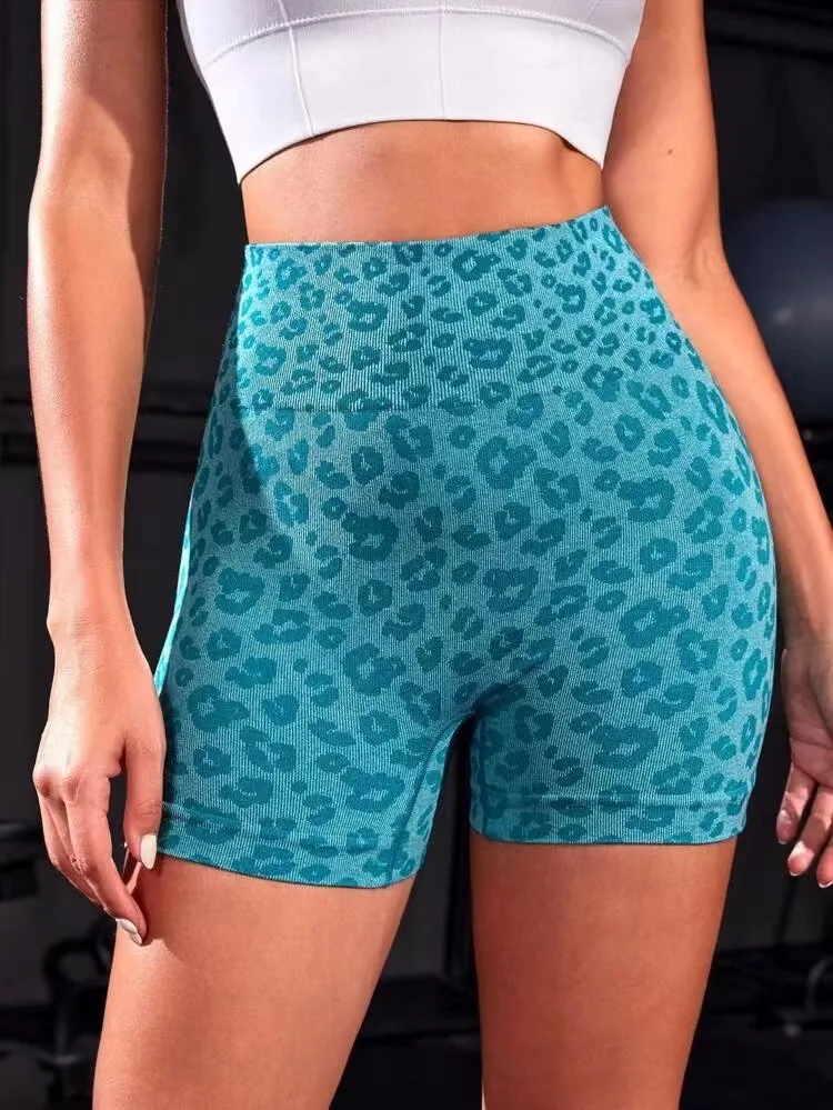 Women Leopard Print Shorts Slim Seamless Leggings High Waist Sexy Hip Liftting Knit Gym Running High Elastic Yoga Shorts