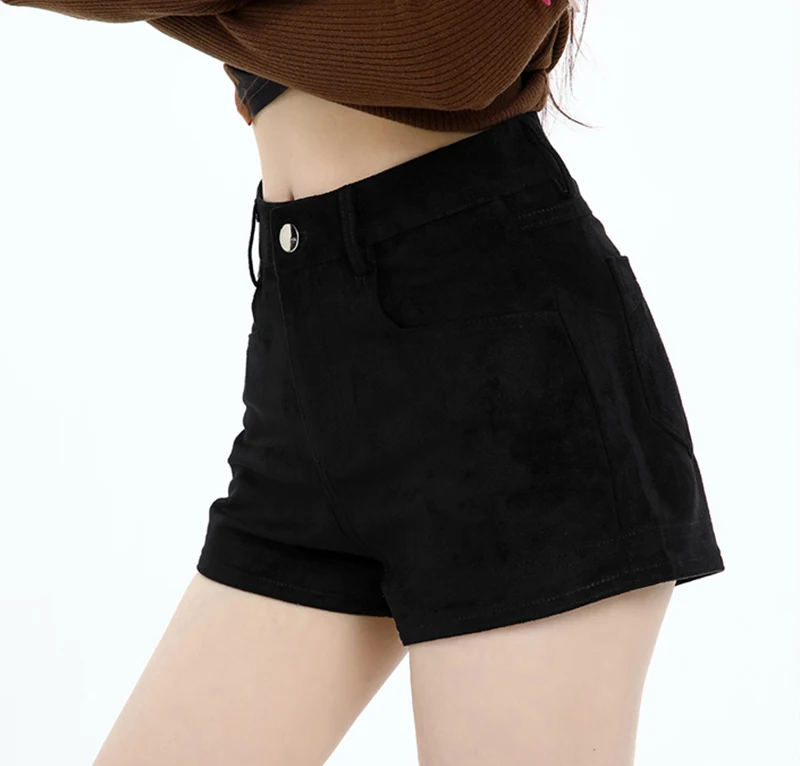 Vintage Faux Suede Shorts Women Hottie High Waist Sexy Shorts Autumn Winter Retro Solid Slim All Match Streetwear Female Shorts