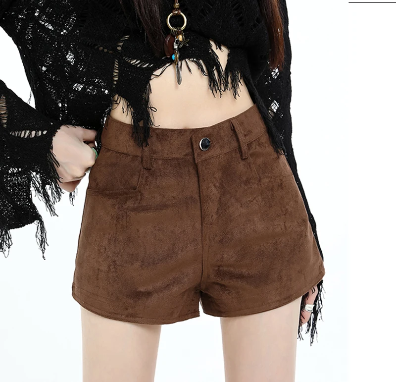 Vintage Faux Suede Shorts Women Hottie High Waist Sexy Shorts Autumn Winter Retro Solid Slim All Match Streetwear Female Shorts