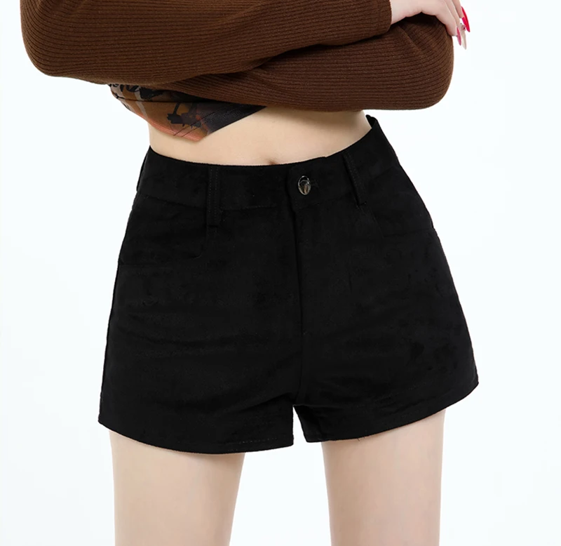 Vintage Faux Suede Shorts Women Hottie High Waist Sexy Shorts Autumn Winter Retro Solid Slim All Match Streetwear Female Shorts