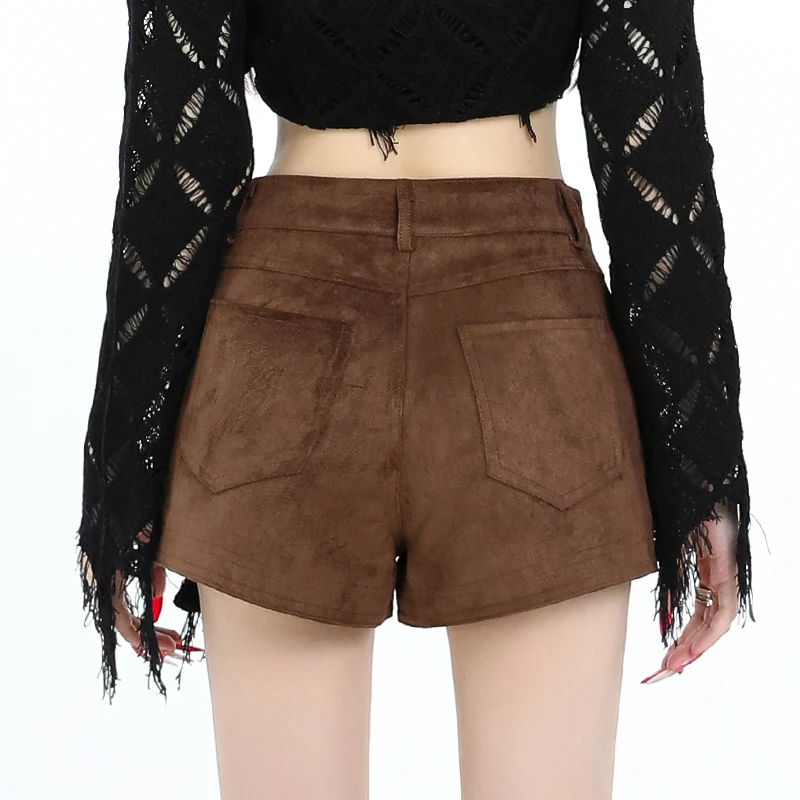 Vintage Faux Suede Shorts Women Hottie High Waist Sexy Shorts Autumn Winter Retro Solid Slim All Match Streetwear Female Shorts