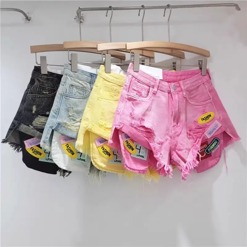 High Street Spice Girls Rough Edged Denim Shorts Hot Pants Personalized Letter Ripped Shorts Women
