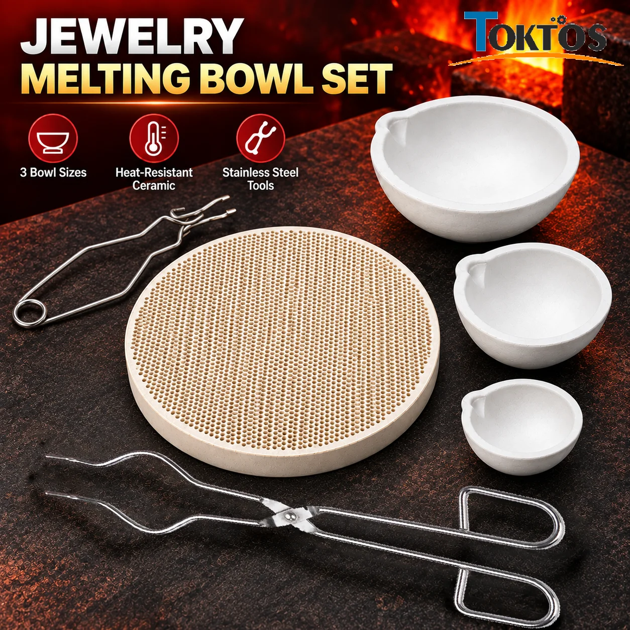 TOKTOS 6PCS Jewelry Melting Kit Ceramic Crucibles Melting Bowls Tongs Soldering Board for Gold Silver Casting Jewelry Making