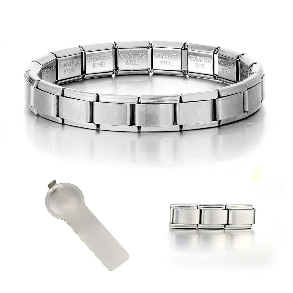 1pc Silver Color 304 Stainless Steel Italian Charm Link Chain Elastic Bracelet Jewelry Tools Rectangle Frosted DIY Making