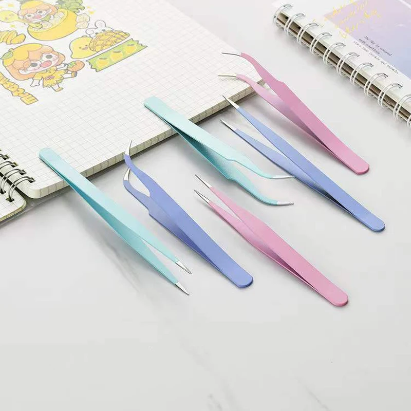 Colorful Macaron Hand Account Tweezers Stainless Steel High Elastic Thickened DIY Sticker Eyelash Clip Drill Accessories Toolset