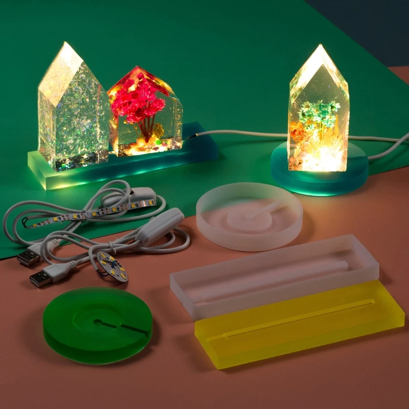Silicone Mold with LED Light Set for Resin Crafts LED Lights Display Base Round Square Lighted Stand for Crystal Art