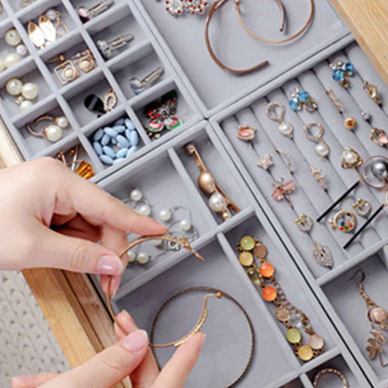 Fashion Portable Velvet Jewelry Storage Tray Ring Necklace Display Organizer Box Holder Earring Jewelry Showcase Drawer Storage