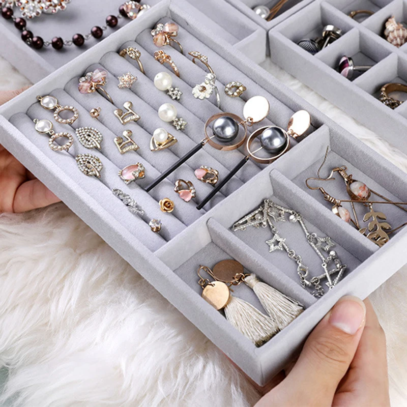 Fashion Portable Velvet Jewelry Storage Tray Ring Necklace Display Organizer Box Holder Earring Jewelry Showcase Drawer Storage