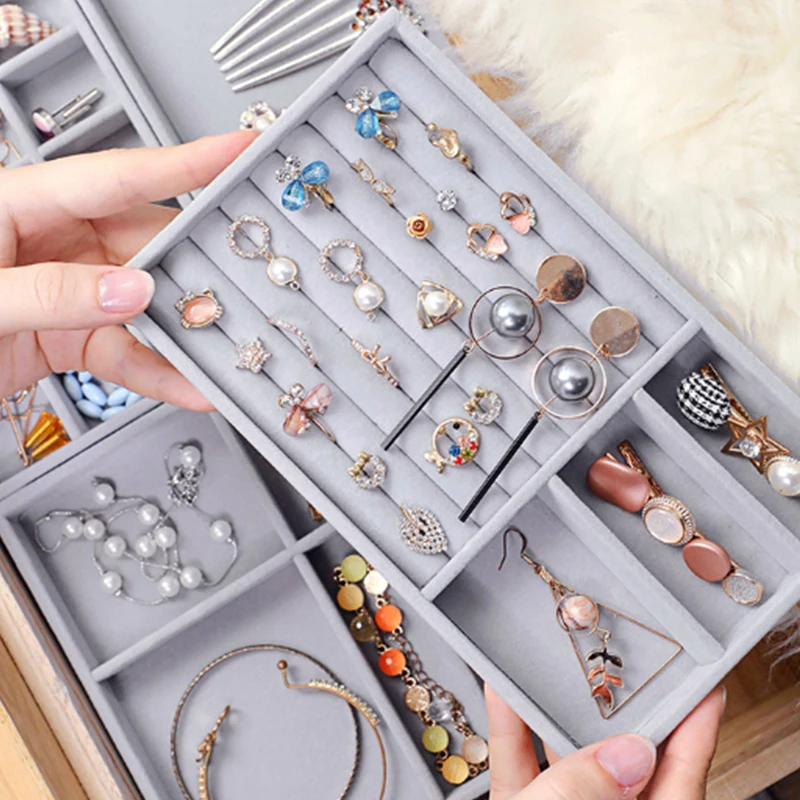Fashion Portable Velvet Jewelry Storage Tray Ring Necklace Display Organizer Box Holder Earring Jewelry Showcase Drawer Storage