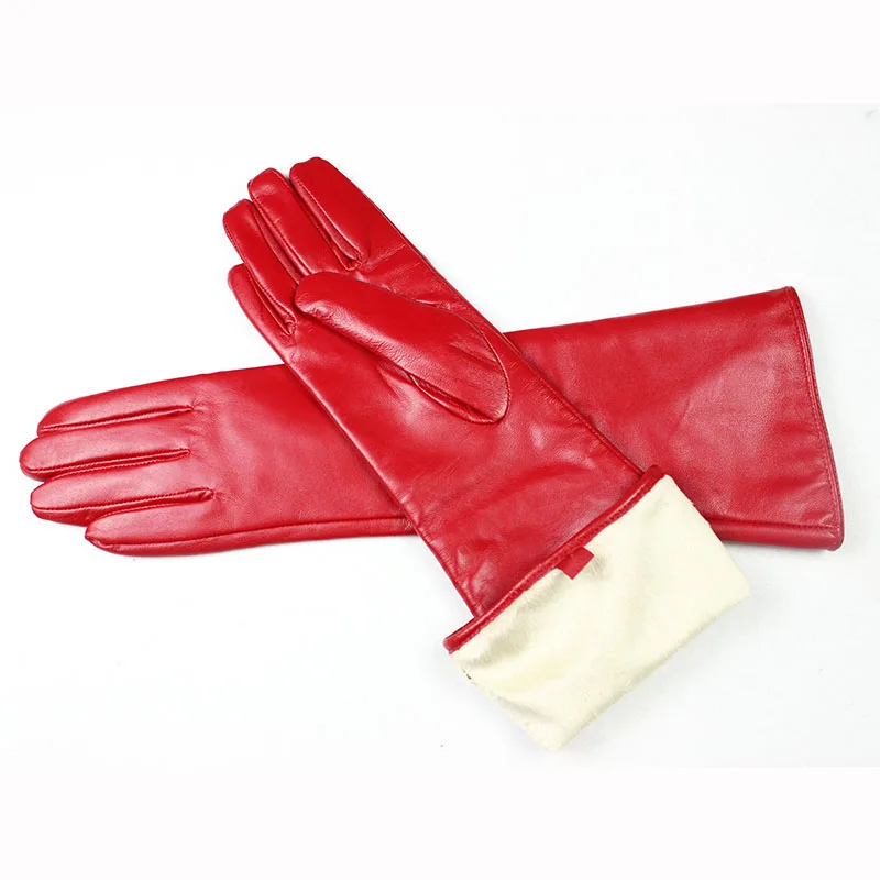 Women's Long Sheepskin Gloves With Colorful Leather and Thick Velvet Lining For Warmth and Winter Cold Protection Gloves
