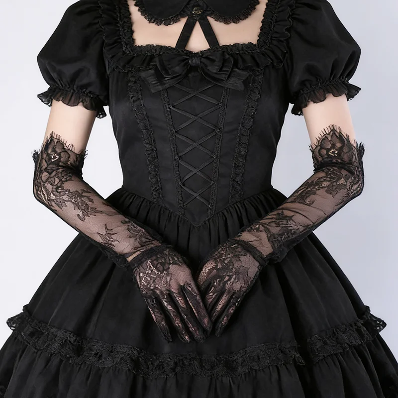 55cm Black Lace Floral Thin Sheer Long Gloves Lolita Cosplay Bridal Wedding Lady Elegant sexy Evening Party NightClub Accessorie