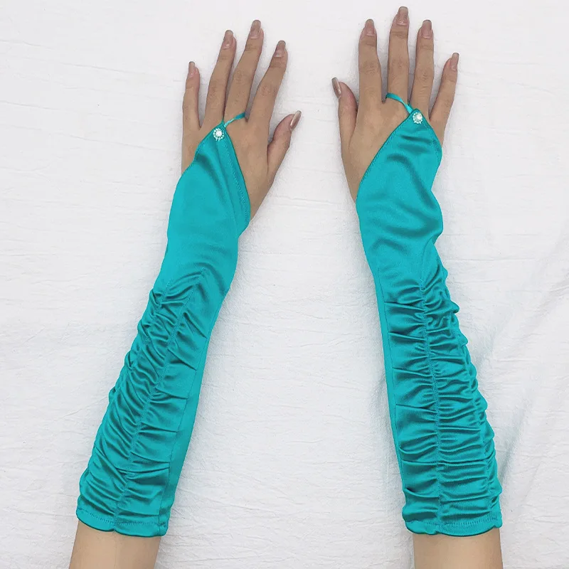 Women Fashion Satin Pleated Hot Drill Hook Finger Long Gloves Wedding Bridal Evening Party Prom Elegant Fingerless Gloves