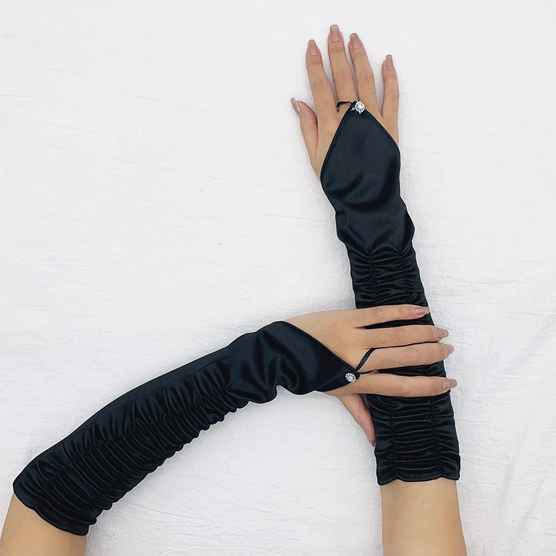 Women Fashion Satin Pleated Hot Drill Hook Finger Long Gloves Wedding Bridal Evening Party Prom Elegant Fingerless Gloves