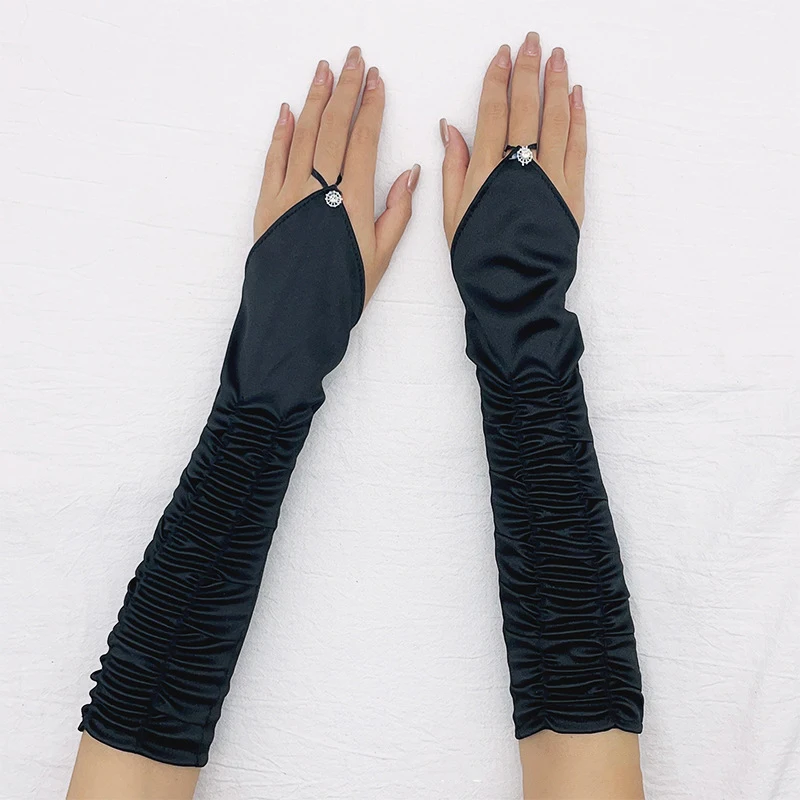 Women Fashion Satin Pleated Hot Drill Hook Finger Long Gloves Wedding Bridal Evening Party Prom Elegant Fingerless Gloves